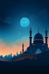 Majestic Mosque with Towering Minarets Against Night Sky, Generative AI.