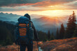 Man traveler in mountains with backpack. Norway Travel lifestyle hiking hard trek adventure summer vacations.