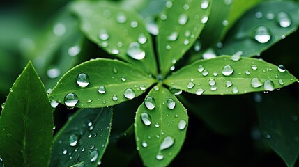 Sticker - Leaf Macro on a Rainy Day, Dew Drops on a Plant, Closeup Nature Backdrop, Green Wallpaper, Weather Background Concept Photo