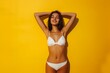 Sexy Woman Posing in a White Bikini on a Bold Yellow Background. Generative AI.