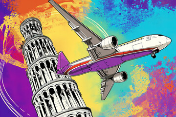 Pisa leaning tower and plane illustration pop art cartoon postcard colorful, travel Italy Europe	