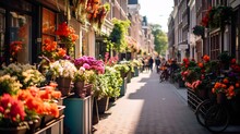 Street View With Flowers In Amsterdam, Netherlands