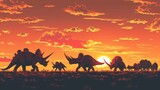 Fototapeta  - A herd of Triceratops their distinctive horns and frilled necks creating a stunning silhouette against the flamecolored sky.