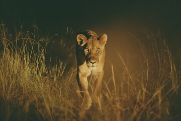 Wall Mural - Lioness walking in the grass