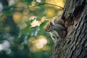 Wall Mural - Squirrel on a tree with bokeh background in the forest
