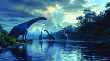 The gentle giants of the dinosaur world the brachiosauruses make their way across the river with ease their long necks towering above the water.