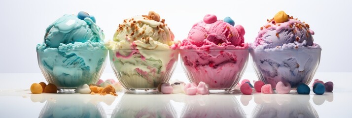 Row of delicious, creamy, colorful, multicolor ice cream scoops of various flavors in glass bowls with candies and gummies around on white background. Summertime cold sweet dessert banner.