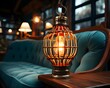 Lantern in a cozy cafe. Vintage lamp on a wooden table.