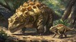 A newly hatched ankylosaurus gingerly begins to walk its thick armored tail providing balance as its parents stay close by.