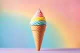 Fototapeta  - rainbow ice cream cone on pastel background.