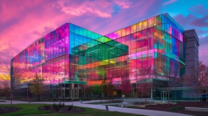 Wall Mural - The vibrant colors of the sunset are magnified on the shimmering gl facades making the office building stand out a the surrounding skysers.