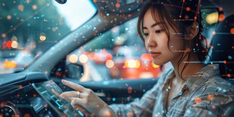 Fototapete - Future of Driving: A Woman Navigates Through the City using Her Car's Advanced Touchscreen Dashboard, Embracing Modern Transportation Technology, Generative AI