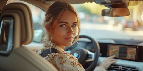 Aufkleber - Future of Driving: A Woman Navigates Through the City using Her Car's Advanced Touchscreen Dashboard, Embracing Modern Transportation Technology, Generative AI