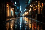 Fototapeta Londyn - Cobbled street at night in city during rain. Shallow depth of field. City street after heavy rain, night view. view of the city after rain.