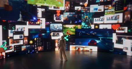 Poster - Back View Of Caucasian Woman Entering 3D Cyberspace With Animated Social Media Interfaces, Online Video Games, Viral Videos, and Internet Content. Visualization Of Blockchain Technology Concept.