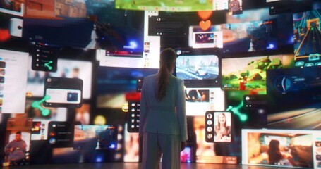 Poster - Backview Of Caucasian Woman Entering Animated Stream Of Content. Visualization Of Browsing Metaverse Big Data with Viral Videos, Social Media Profiles with Influencers, and Internet Communities.