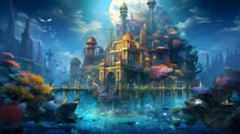 Panoramic View Of The Mosque And The Lake In A Fantasy World