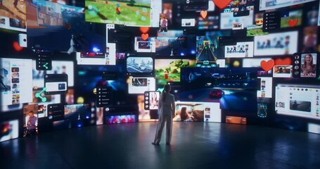 Poster - Back View Of Caucasian Woman Entering 3D Cyberspace With Animated Social Media Interfaces, Online Video Games, Videos, Internet Content. Visualization Of Female Enthusiast Surfing Computer Network.