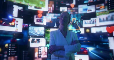 Poster - Social Media Internet Concept: Close-Up Portrait Of Caucasian Woman Browsing Websites, Online Games, Communities And Viral Videos. Animated Visualization Of Digital Interface Stream With Entertainment