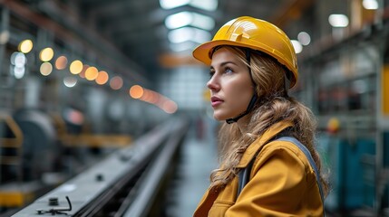 Sticker - A production line is shown in the backdrop, with a female worker at a factory using a safety helmet, space, Generative AI.