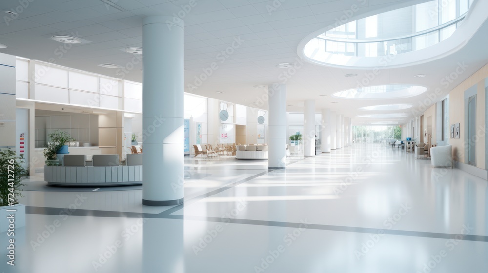 The interior of a hall in a modern building or hospital is white and ...