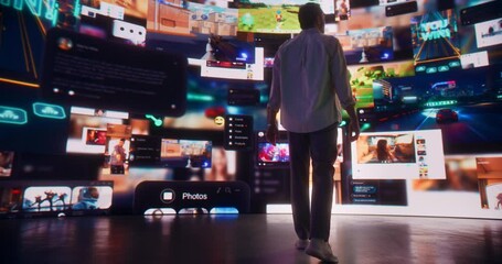 Poster - Backview Of Caucasian Man Pressing A Button And Connecting To Virtual Network Of Social Media, Online Gaming, Video Streaming, e-Commerce Shopping. Male Internet User Enjoying Web Culture Concept. 