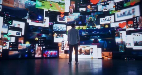 Poster - Backview Of Caucasian Man Entering Animated Stream Of Content. Visualization Of Browsing Metaverse Big Data with Viral Videos, Social Media Profiles with Influencers, and Internet Communities.