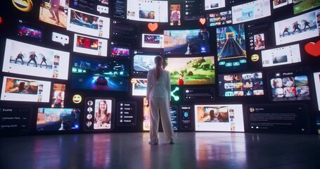 Poster - Backview Of Caucasian Woman Connecting To Animated Stream of Content. Browsing Multimedia all-in-one Entertainment, Messaging, TV, Videos, Emoji, Sharing, Video Game Playing, Fintech, Online Shopping.