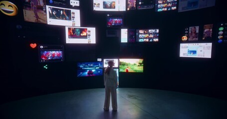 Poster - Backview Of Caucasian Woman Enjoying Animated Stream Of Online Interfaces With Social Media, Fintech Services, e-Commerce Shopping, Internet Influencers And Video Games. Visualization Of Web Network.
