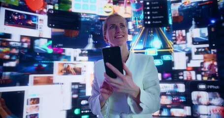 Poster - Portrait Of Caucasian Woman Using Smartphone in 3D Cyberspace With Animated Social Media Interfaces, Online Video Games, Viral Videos, Internet Content. Visualization Of Blockchain Technology Concept.