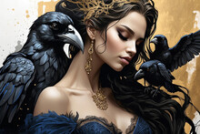 Beautiful Woman With Ravens In Her Hair. Fashion Illustration. Dark Mood Book Cover Art