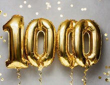 3d Gold Number 1000 , Helium Balloons, Number 1000 One Thousand Made Of Golden Inflatable Balloons Isolated On White, Gold Foil Numbers.