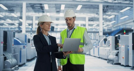 Aufkleber - Professional Heavy Industry Employees Wearing Hard Hats at Factory. Checking and Discussing Industrial Facility, Working on Laptop Computer. Caucasian Female Engineer and Male Technician at Work.
