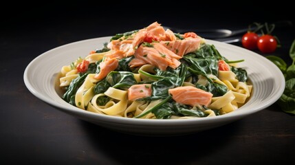 Wall Mural - Tagliatelle with spinach and fresh salmon, food photography, 16:9