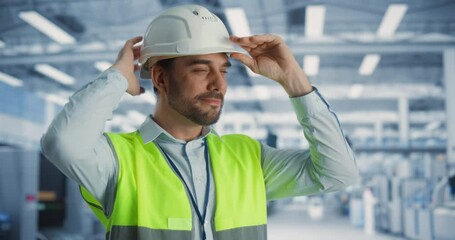 Poster - Portrait of Successful Caucasian Male Engineer Putting On a White Hard Hat at Electronics Manufacturing Factory. Heavy Industry Specialist Thinking About Advanced Technology Projects On Production.