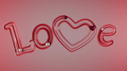 Poster - Loop 3d animation for Valentine's Day. The text LOVE is written on a creamy surface with balls and hearts. Beautiful design