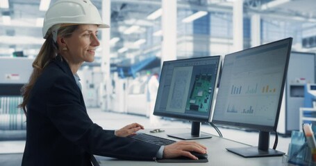 Poster - Caucasian Female Industrial Engineer Developing 3D Model of a Circuit Motherboard on Computer CAD Software In Electronics Factory Office. Modern Technological Research and Development Center.