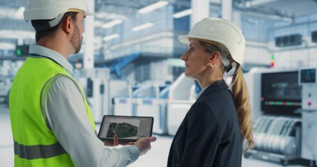 Aufkleber - Caucasian Female Manager And Male Engineer Using Tablet Computer With Microchip Blueprints at Automated Electronics Factory. Colleagues Discussing Production Of Microprocessors for High-Tech Devices.