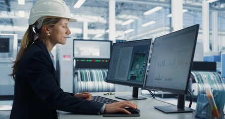 Aufkleber - Electronics Design Factory Office: Portrait of Caucasian Female Engineer Wearing Hardhat and Working on Desktop Computer, Developing Industrial Microchips, Semiconductor, Telecommunications Equipment.
