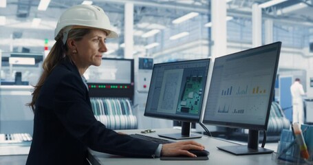 Poster - Modern Electronics Factory: Engineer Works on Desktop Computer with CAD Software. Caucasian Female Specialist Designing Industrial PCB, Microchips, Semiconductors, Telecommunications Equipment.