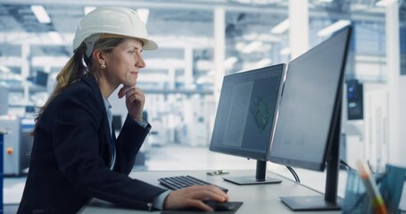 Aufkleber - Caucasian Female Industrial Engineer Developing 3D Model of a Circuit Motherboard on Computer CAD Software At an Electronics Factory. Modern Technological Research and Development Center. Slow Motion