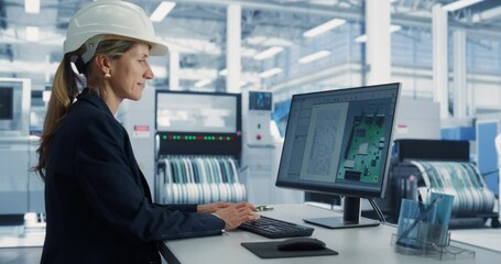 Aufkleber - Electronics Factory Office: Portrait of Caucasian Female Engineer Wearing Hardhat and Working on Desktop Computer, Developing Industrial Microchips, Semiconductor, Telecommunications Equipment.