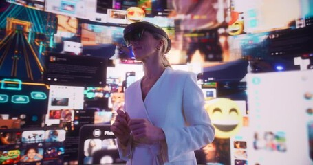 Poster - Portrait Of Caucasian Woman Wearing Augmented Reality Glasses And Surfing 3D Cyberspace With Gestures: AR Browsing Through Websites, Watching Videos, Using Social Media, Doing e-Commerce Shopping.
