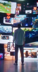 Poster - Vertical Screen: Back View Of Caucasian Man In 3D Cyberspace With Animated Social Media Interfaces, Online Games, Videos, Internet Content. Visualization Of Male Enthusiast Surfing Computer Network.