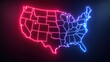 Leinwandbild Motiv Political Divide: USA Map in Neon Lights Illustrating Bipartisanship. The contrasting red and blue neon outlines of the United States map symbolize the nation's political landscape and the concept of 