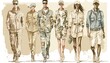 runway fashion show, young models present casual summer fashion in a safari look, abstract watercolor illustration 
