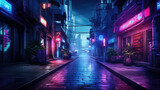 Fototapeta Londyn - Night in the Future: Alleyway Under Neon Street Lights