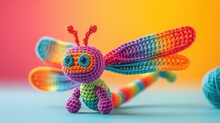 Crocheted Dragonfly Toy Vibrant Backdrop, Handcrafted And Adorable, Ai Generated