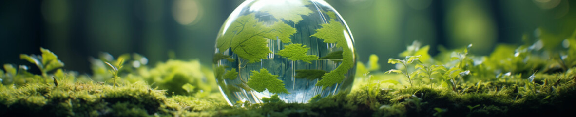 glass globe on green moss in nature concept for environment and conservation