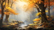 Fantasy Landscape With Autumn Forest And River, 3d Render Illustration
